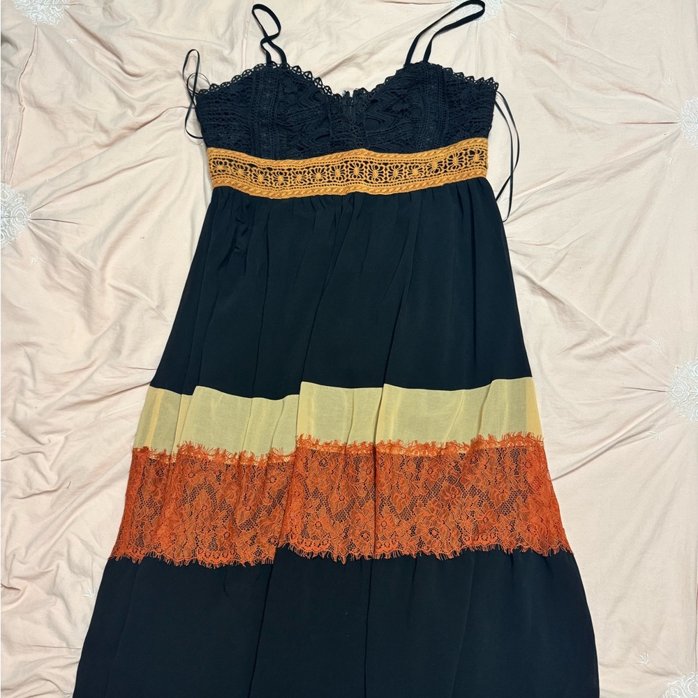 HD in Paris Blue and Gold Embellished Babydoll Maxi Dress